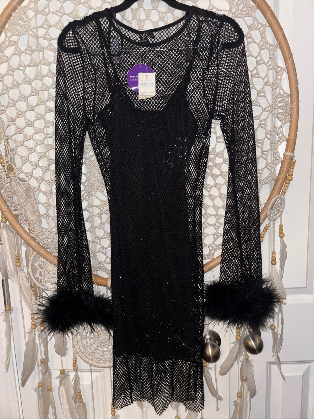 Windsor Black Mesh Feather‎ Cuff Mini Dress A00351 BNWT
